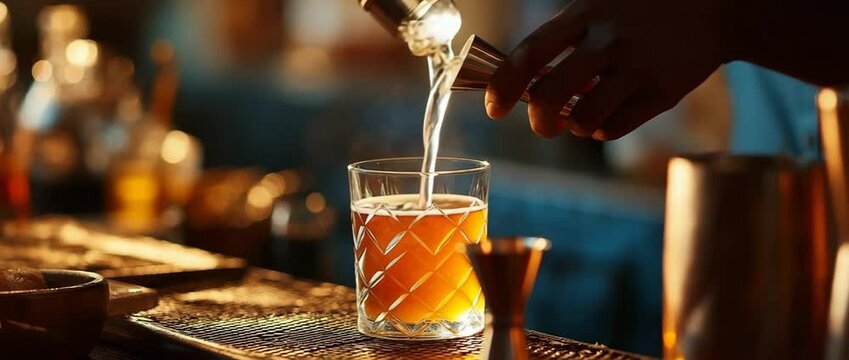 Close-up of a bartender preparing a shaker at the bar by measuring sugar, salt, and other ingredients using a jigger.  Warm light is invited by a special refreshing cocktail that showcases nightlife m