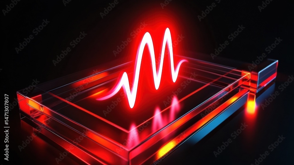 Poster neon waveform design in illuminated glass display with dark background