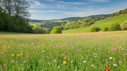 Obraz premium Vibrant Wildflower Meadow Under Clear Blue Sky in Natural Landscape