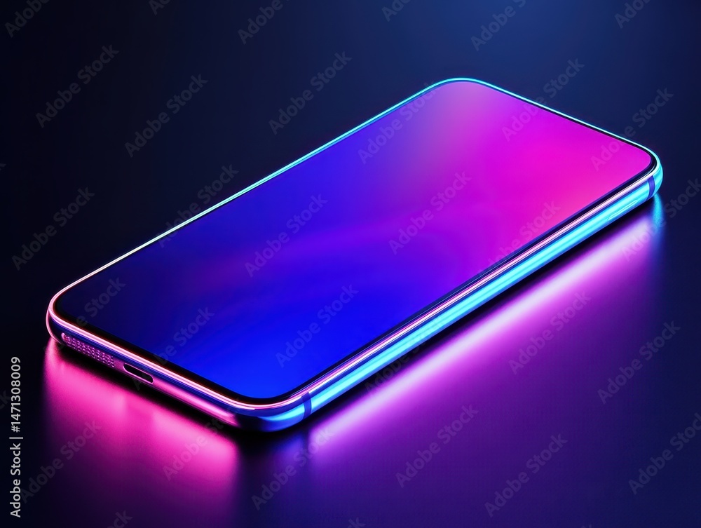 Poster modern smartphone with vibrant screen resting on surface in studio shot with neon lighting and sleek