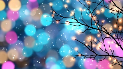 Winter Branch with Warm Lights and Colorful Bokeh