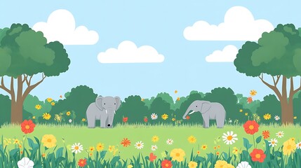 Elephants in Spring Meadow.