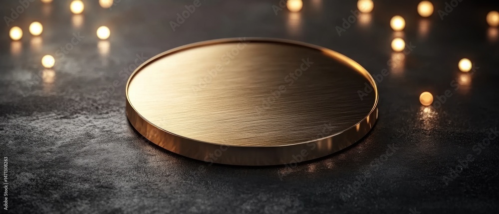Aufkleber Golden Round Platform Showcase Display in Studio Lighting on Dark Surface for Product Presentation and Mockup Design with Bokeh