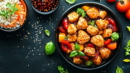 Colorful dish of savory chicken and vegetables.