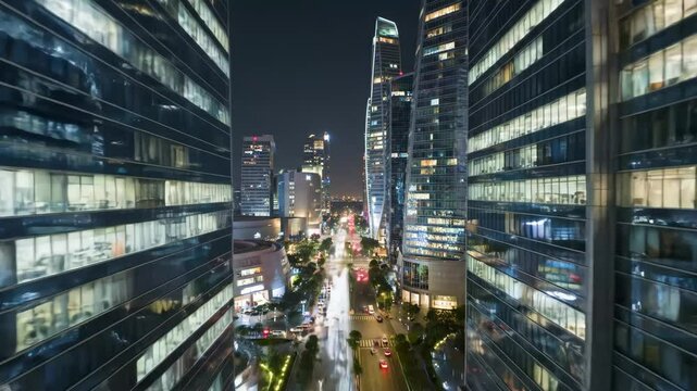 Night time-lapse of city street between skyscrapers. Urban skyline.