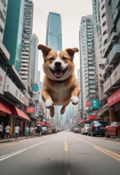 Happy dog mid-air above city street