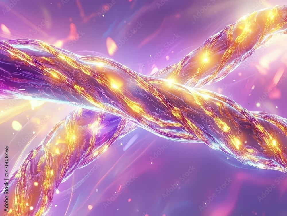 Poster abstract close up of intertwined strands glowing with light and energy against a purple and pink bac