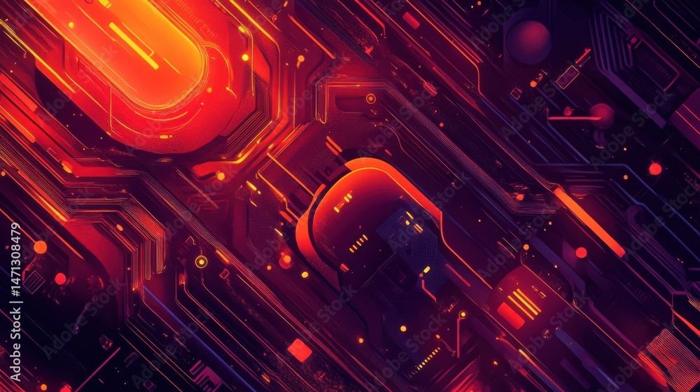 Poster Abstract Red and Purple Circuit Board Close Up Shot; Futuristic Technology Design with Glowing Elements and Complex Connections