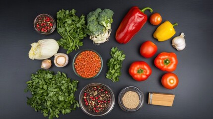 Colorful Fresh Organic Vegetables and Herbs on Dark Background