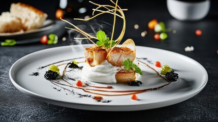 Gourmet seafood dish with elegant presentation and artistic garnish