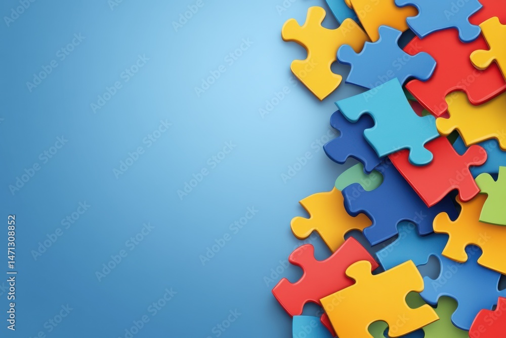 Poster Colorful Puzzle Pieces Scattered on Blue Background Overhead Shot Representing Problem Solving and Teamwork Concept
