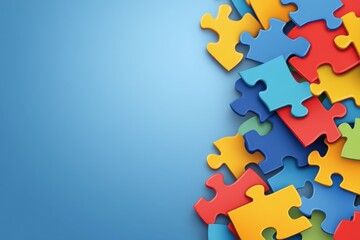 Colorful Puzzle Pieces Scattered on Blue Background Overhead Shot Representing Problem Solving and Teamwork Concept