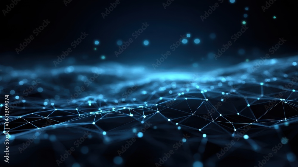 Fototapete Abstract network background of connected dots and lines in blue tone for science and technology concept with depth of field