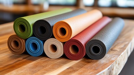 Assorted Rolled Yoga Mats on Wooden Table