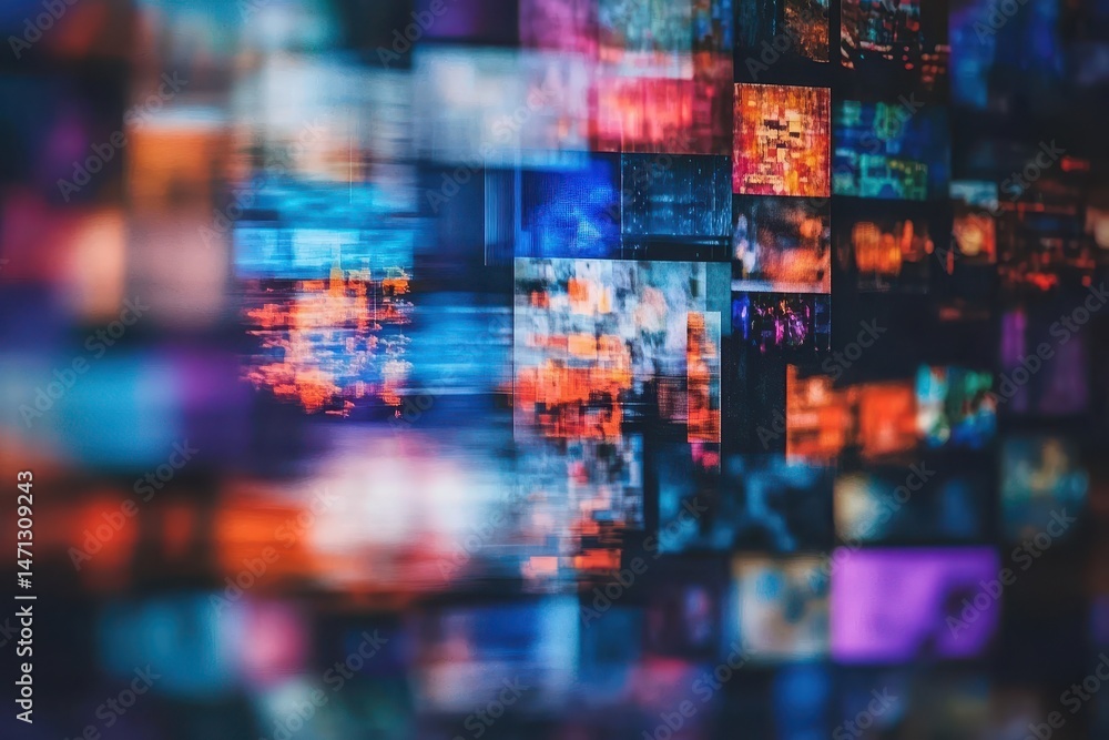 Poster Abstract Blurred Motion of Colorful Digital Screens Displaying Information Technology and Data Visualization