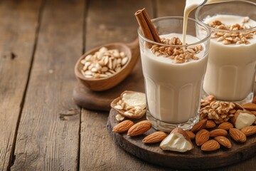 Pouring fresh almond milk into glass with cinnamon stick and walnut topping on rustic wooden table still life