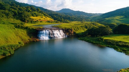 Fototapeta premium Serene waterfall cascades into a tranquil lake surrounded by lush green hills and vibrant landscapes in a picturesque natural environment.