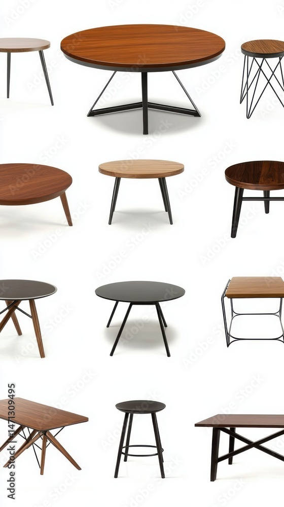 Poster Collection of Modern Accent Tables on White Background Studio Shot Minimalist Style Furniture Design