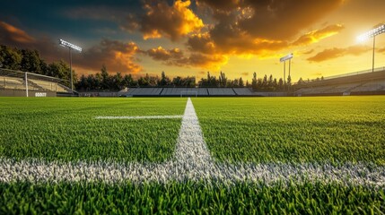 Grass Field with Goalposts at Sunset in a Soccer Stadium Scene