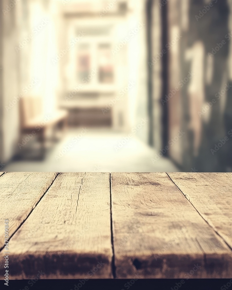 Poster Rustic wooden table surface in foreground with blurred alleyway background for product placement or food photography