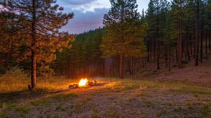 Serene Campfire in a Pine Forest at Dusk with Fading Light