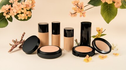 Elegant Arrangement of Makeup Products on Soft Floral Background