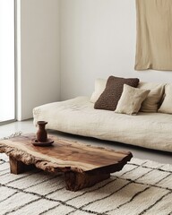 Interior design showcasing rustic wood coffee table with vase on patterned rug near linen sofa in neutral tones