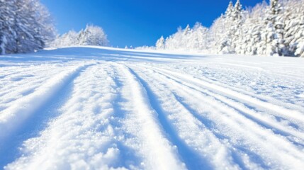 Obraz premium Snowy Mountain Landscape with Ski Tracks Under Bright Blue Sky