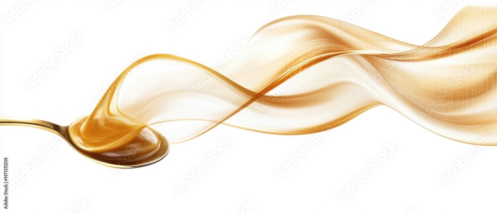 Poster golden liquid swirls from spoon abstract design on white background elegant and modern artful compos