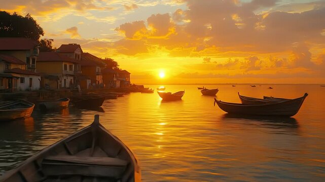 Golden sunset on serene riverbank with boats