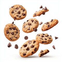 Chocolate chip cookies float in air on white background studio shot for baking dessert concept food photography