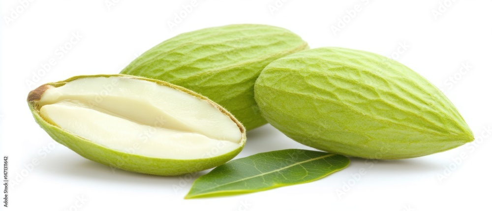 Poster Fresh Green Almonds Displayed on White Background in Studio Setting with One Cut Open Revealing White Interior