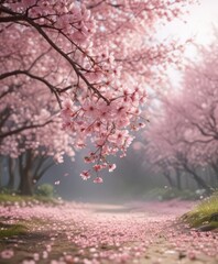 Soft pink sakura petals gently descend, creating a dreamy spring scene ,  springtime,  petals
