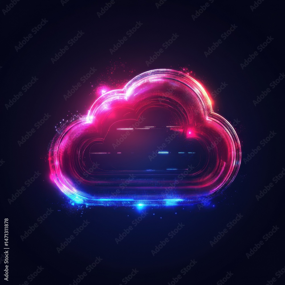 Aufkleber Digital cloud computing concept with glowing neon lights on dark background technology and innovation illustration