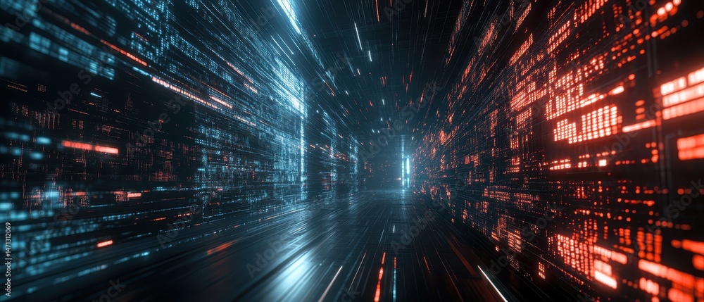 Fototapete Abstract Data Stream Tunnel Perspective View of Digital Information Flowing in a Cyber Network with Blue and Red Lights