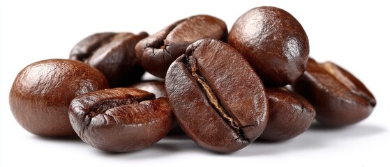 Macro Shot of Roasted Coffee Beans on White Background Close Up Detail Food and Drink Still Life Studio Shot