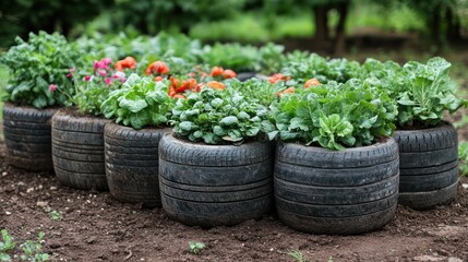 Farmer uses old tires as planters for growing vegetables in a backyard garden.

