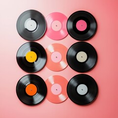 Nine vinyl records arranged on pink background overhead shot music collection vintage aesthetic colorful discs