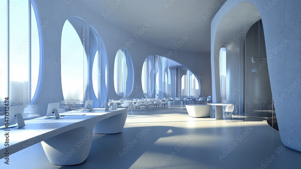 Poster modern architecture interior design with large windows and white furniture in a futuristic style off