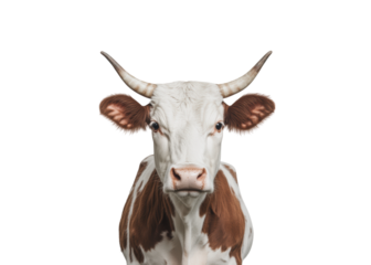Close up of cow head with white and brown patches and horns isolated on transparent background. Cow Animal Livestock