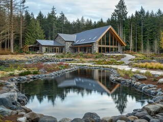 Exterior view of a luxury stone house reflecting in a pond surrounded by forest landscape in Washington state