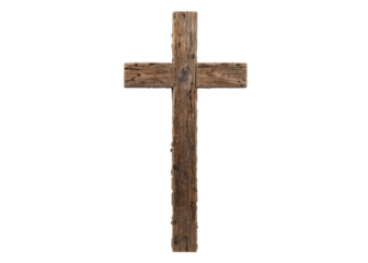 Old rustic wooden cross made of rough timber boards isolated on transparent background, religion, Christianity, symbol.