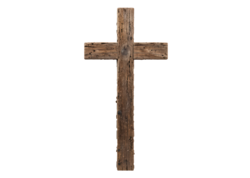 Old rustic wooden cross made of rough timber boards isolated on transparent background, religion, Christianity, symbol.