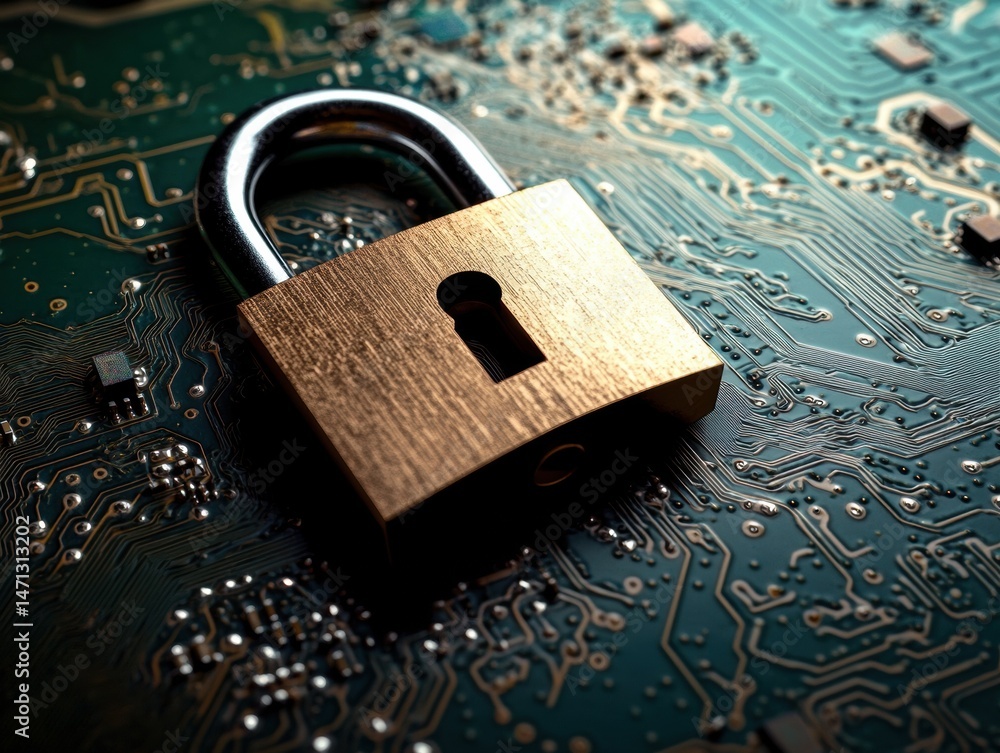 Poster Golden padlock resting on a circuit board close up shot illustrating digital security and data protection measures
