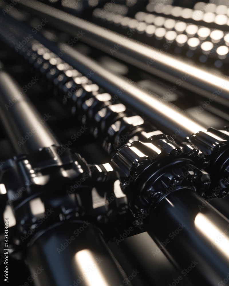 Poster close up of shiny metal gears and rods in dark industrial machinery abstract view of mechanical part