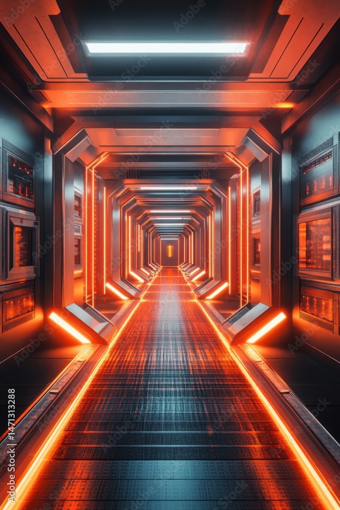 Poster futuristic corridor perspective view of a spaceship interior with orange lighting and metallic walls