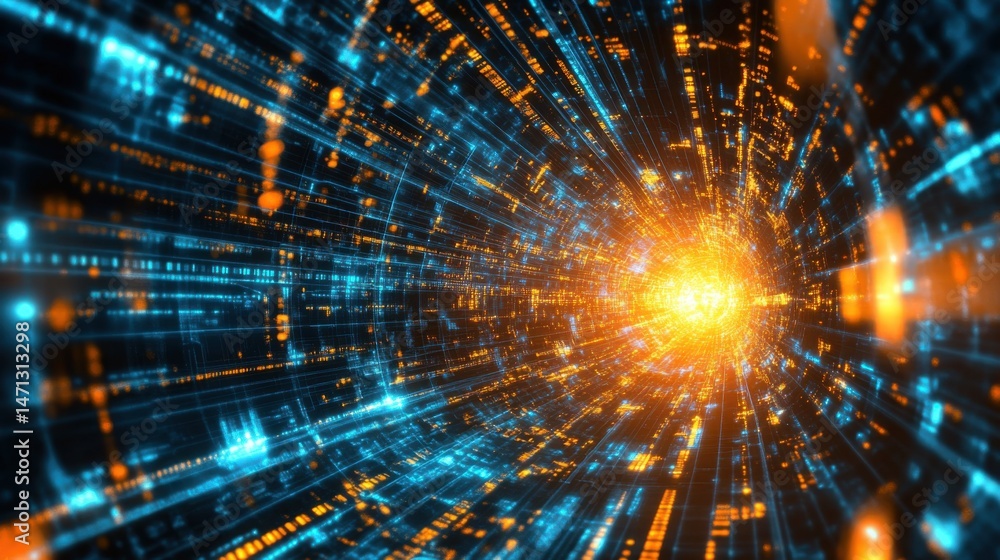 Aufkleber Abstract Data Stream Visualization of Digital Information Flowing Through a Network Tunnel Perspective Futuristic Technology Concept