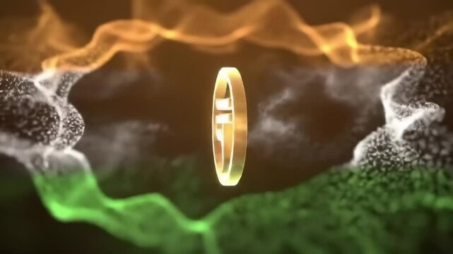Indian Taka currency symbol animation with smoke and particles. National colors.