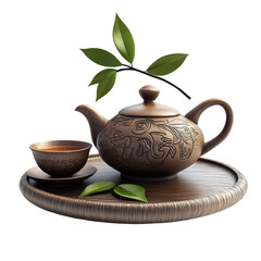 Elegant Tea Set with Decorative Teapot and Cup on Wooden Tray Surrounded by Fresh Leaves on transparent background