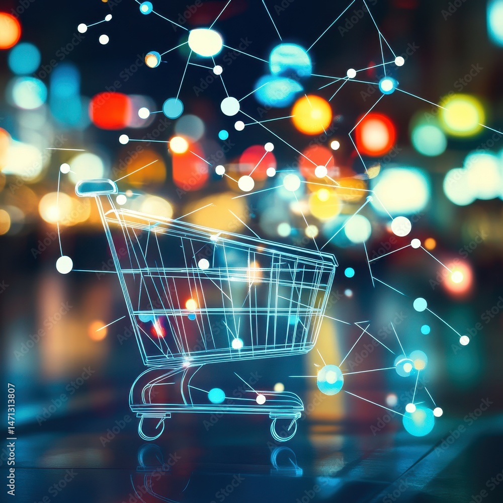 Poster Digital shopping cart outline with network connection on bokeh background illustrating online retail and ecommerce technology